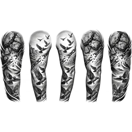 Example Realism tattoo design — A full sleeve of black and grey realism: cracked stone, breaking chains and birds in flight