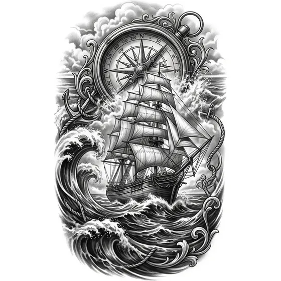 Sleeve Tattoo Ideas example — A nautical sleeve with a ship, compass and rolling waves