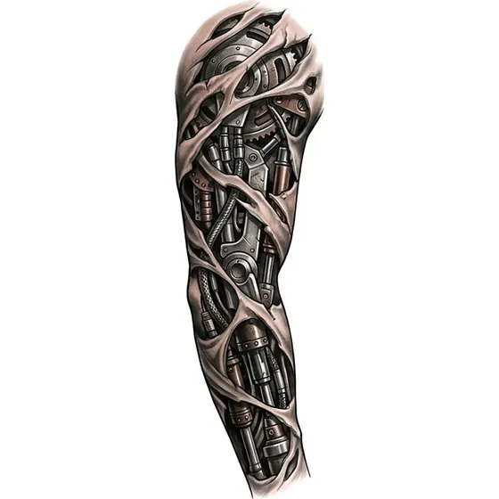 Example Realism tattoo design — A biomechanical sleeve with structure showing beneath torn skin