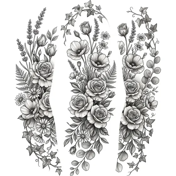 Sleeve Tattoo Ideas example — A botanical sleeve of layered wildflowers and trailing foliage
