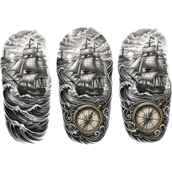 Sleeve Tattoos for Men example — A nautical sleeve with a ship, compass and rolling waves
