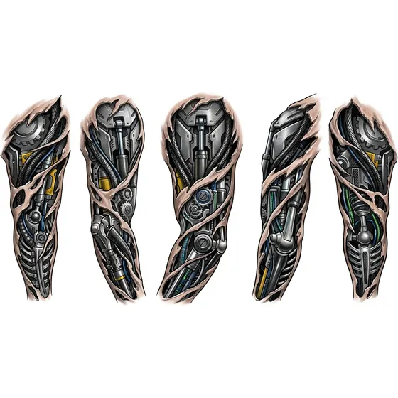 Sleeve Tattoos for Men example — A biomechanical sleeve with structure showing beneath torn skin