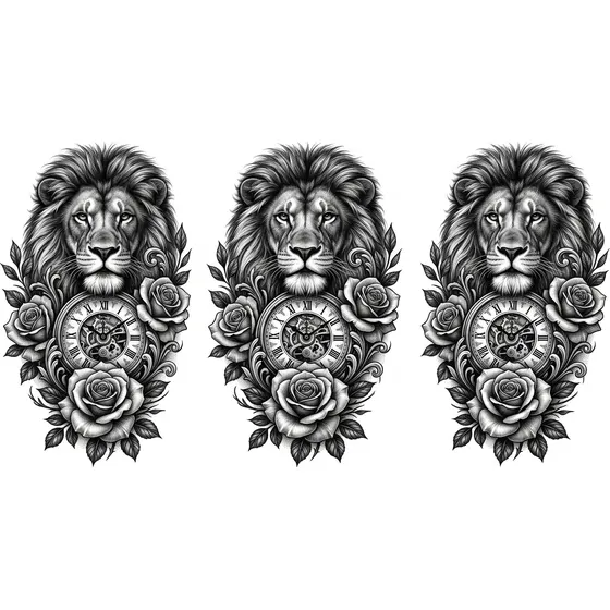 Sleeve Tattoos for Men example — A lion, clock and rose sleeve in heavy black and grey