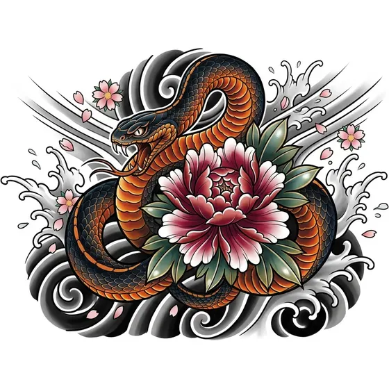 Snake Tattoos example — A snake coiled around a peony in Japanese style