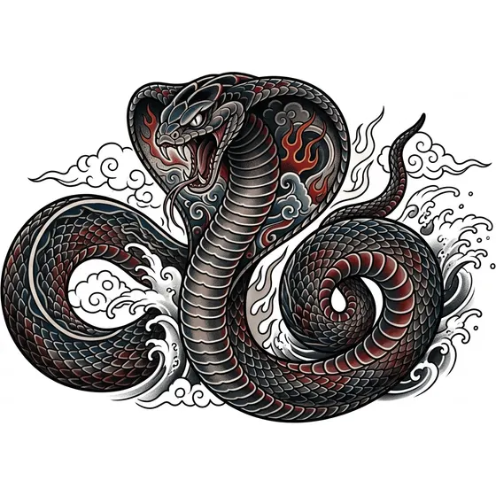 Snake Tattoos example — A cobra with a raised hood and spread markings