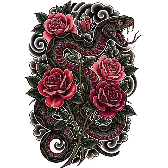 Snake Tattoos example — A snake wound through blooming roses with thorned stems