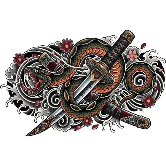 Snake Tattoos example — A snake and dagger composition in old school style