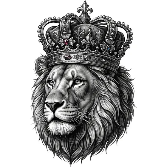 Tattoo Ideas for Men example — A lion portrait with an ornate crown in black and grey realism