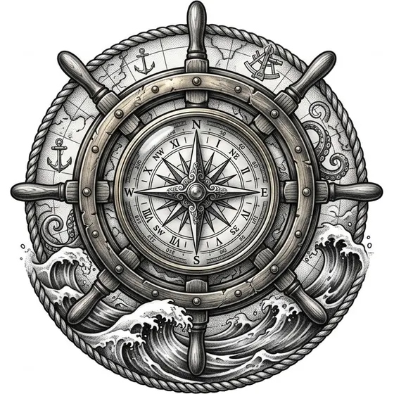 Example Realism tattoo design — A compass and ship's wheel with rolling ocean beneath