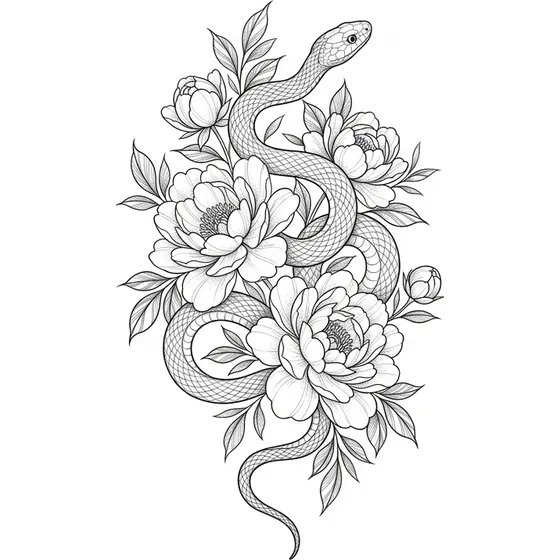 Fine Line tattoo example — A snake wound through blooming peonies, fine line with soft shading