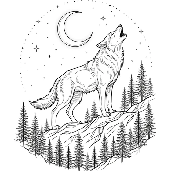 Tattoo Ideas example — A wolf howling at a crescent moon with pine trees below