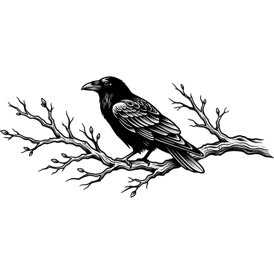 Blackwork tattoo example — A blackwork raven in silhouette on a bare branch