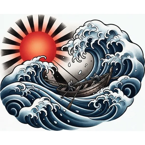 Tattoo Ideas example — A Japanese wave with a small boat and a large sun, no lettering
