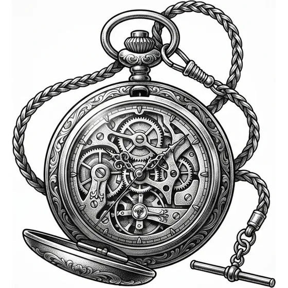 Tattoo Ideas example — A black and grey pocket watch with an open case, no numerals or letters