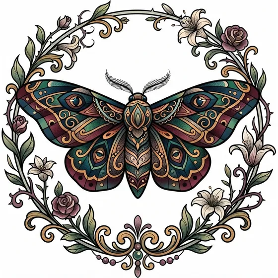 Neo-Trad tattoo example — A neo-traditional moth with patterned wings and a thin floral frame