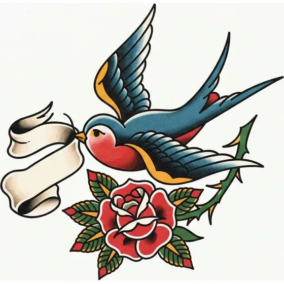 Traditional tattoo example — A traditional swallow with a rose and a blank banner, bold outlines