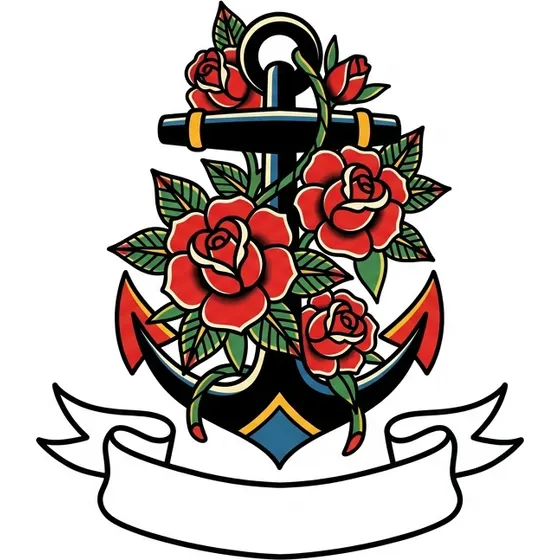 Traditional tattoo example — A classic anchor wrapped in roses with a blank banner beneath
