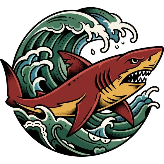 Traditional Tattoos example — A shark cutting through stylised waves with a limited red, yellow and green palette