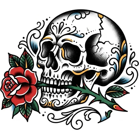 Traditional Tattoos example — A skull with a rose in its teeth, classic flash, heavy black shading