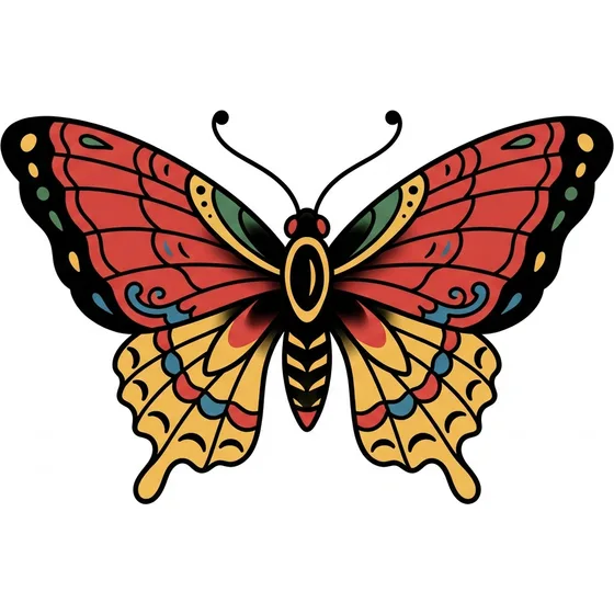 Traditional Tattoos example — A butterfly with bold black outlines and flat red and yellow wings