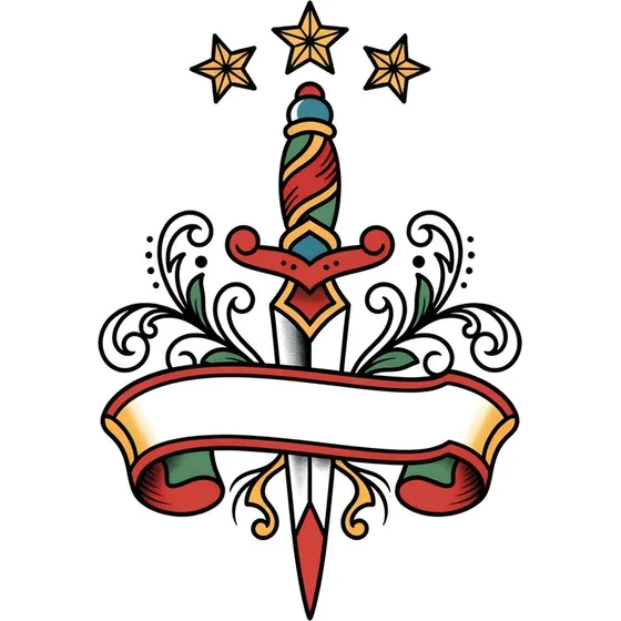 Traditional tattoo example — A dagger through a blank banner with three stars above it