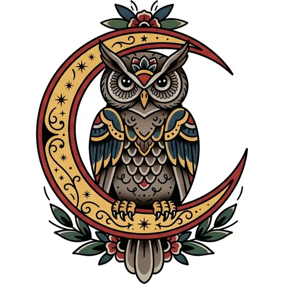 Traditional Tattoos example — An owl perched on a crescent moon, traditional flat colour