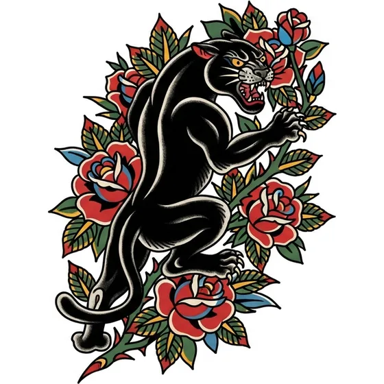 Traditional Tattoos example — A panther climbing through roses, bold outlines, green leaves and red flowers