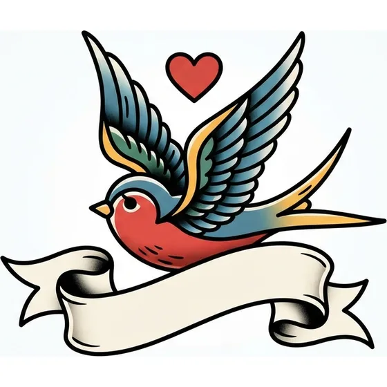 Traditional Tattoos example — A sparrow in flight with a small heart and a blank banner
