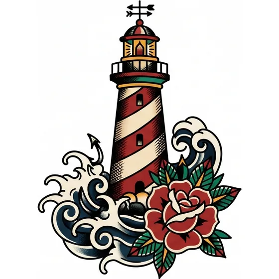 Traditional Tattoos example — A lighthouse with heavy black shading, stylised waves, and a single rose