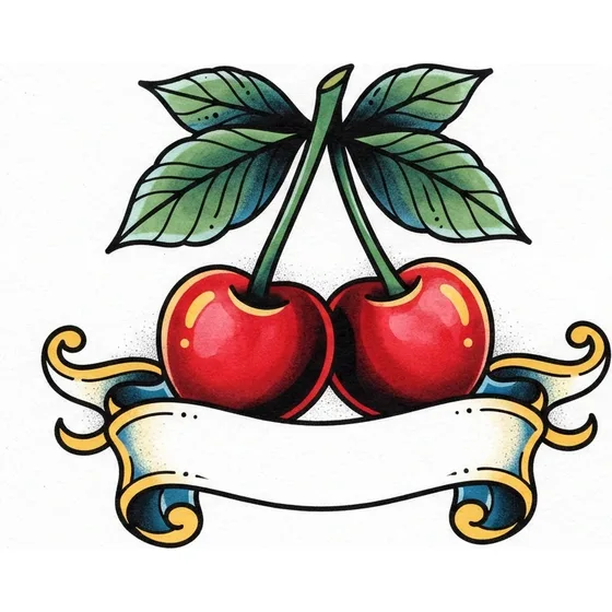 Traditional Tattoos example — Two cherries with leaves and a blank ribbon, American traditional flash