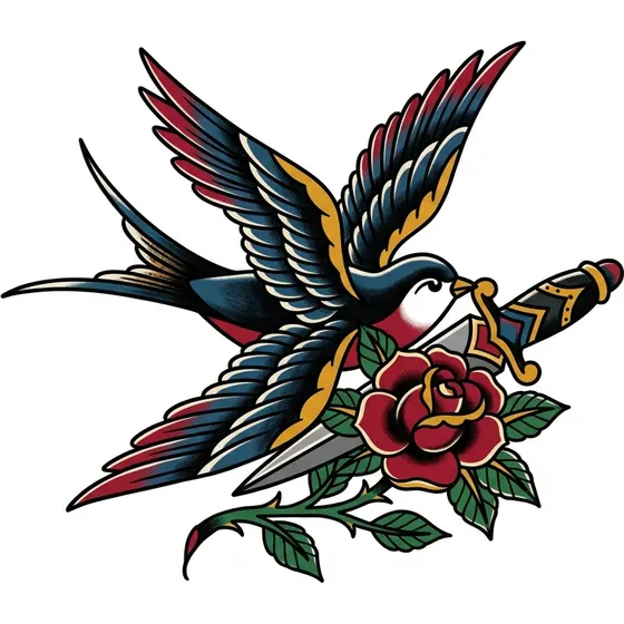 Traditional tattoo example — A swallow in flight carrying a dagger and a single rose