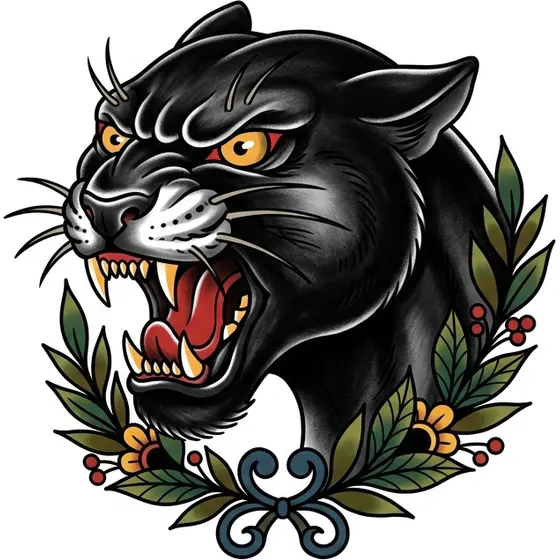 Traditional tattoo example — A panther head snarling, bold outlines and heavy black shading