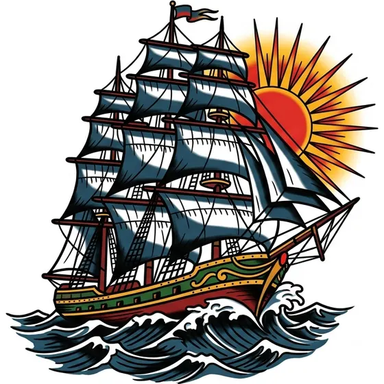 Traditional tattoo example — A ship in full sail on stylised waves with a rising sun behind