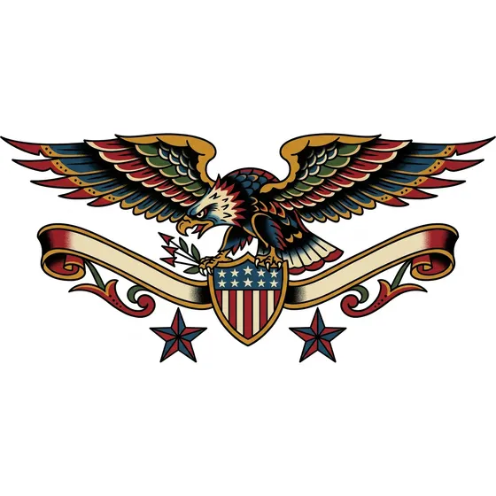 Traditional tattoo example — An eagle with spread wings above a banner and two stars
