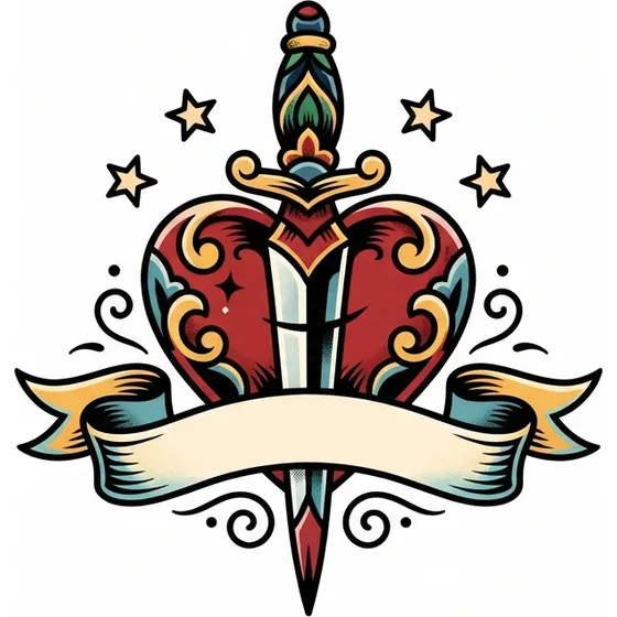 Traditional tattoo example — A heart pierced by a dagger, blank banner, and three small stars