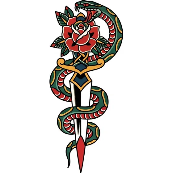 Traditional Tattoos example — A snake coiled around a dagger with a rose at the hilt, bold outlines
