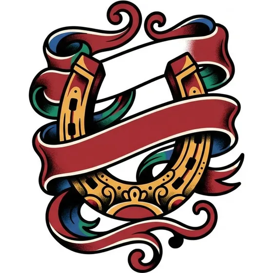 Traditional Tattoos example — A horseshoe wrapped in a blank ribbon, traditional flat colour