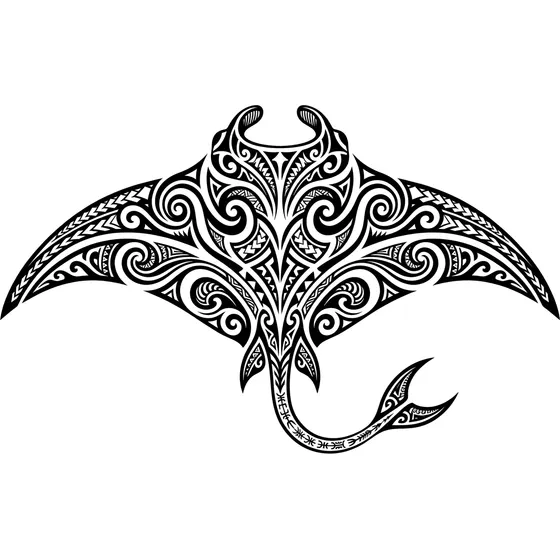 Tribal tattoo example — A manta ray formed from bold flowing black shapes