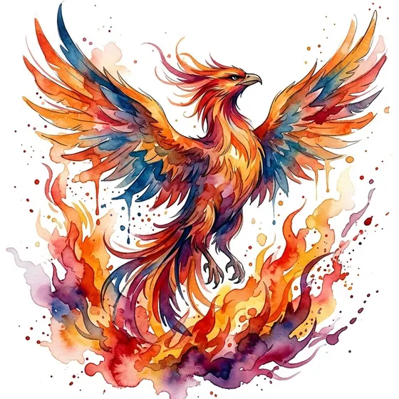 Watercolor tattoo example — A phoenix rising from flames in loose colour washes