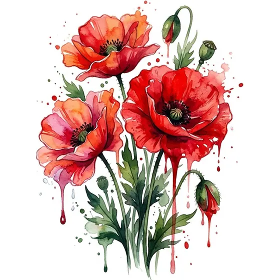 Watercolor tattoo example — A cluster of poppies with paint running off the petals